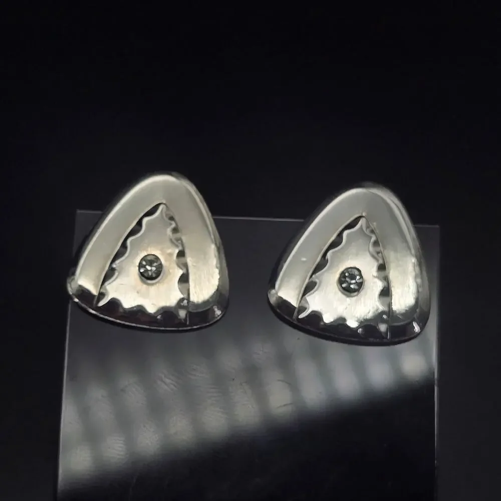 Silver Tone Rhinestone Modernist Cufflinks Triangle Geometric